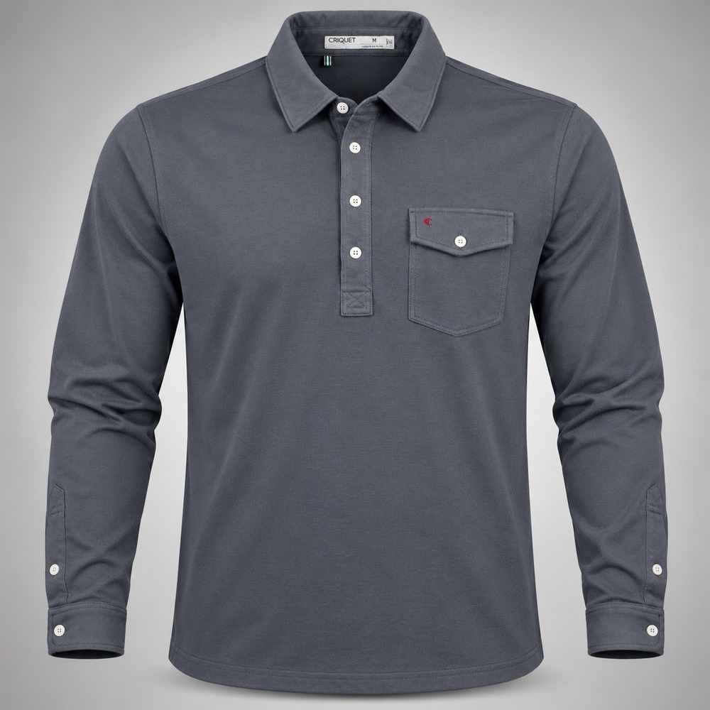 Criquet Polo Shirt Men's Medium Gray Long Sleeve Pima Cotton Golf Pocket